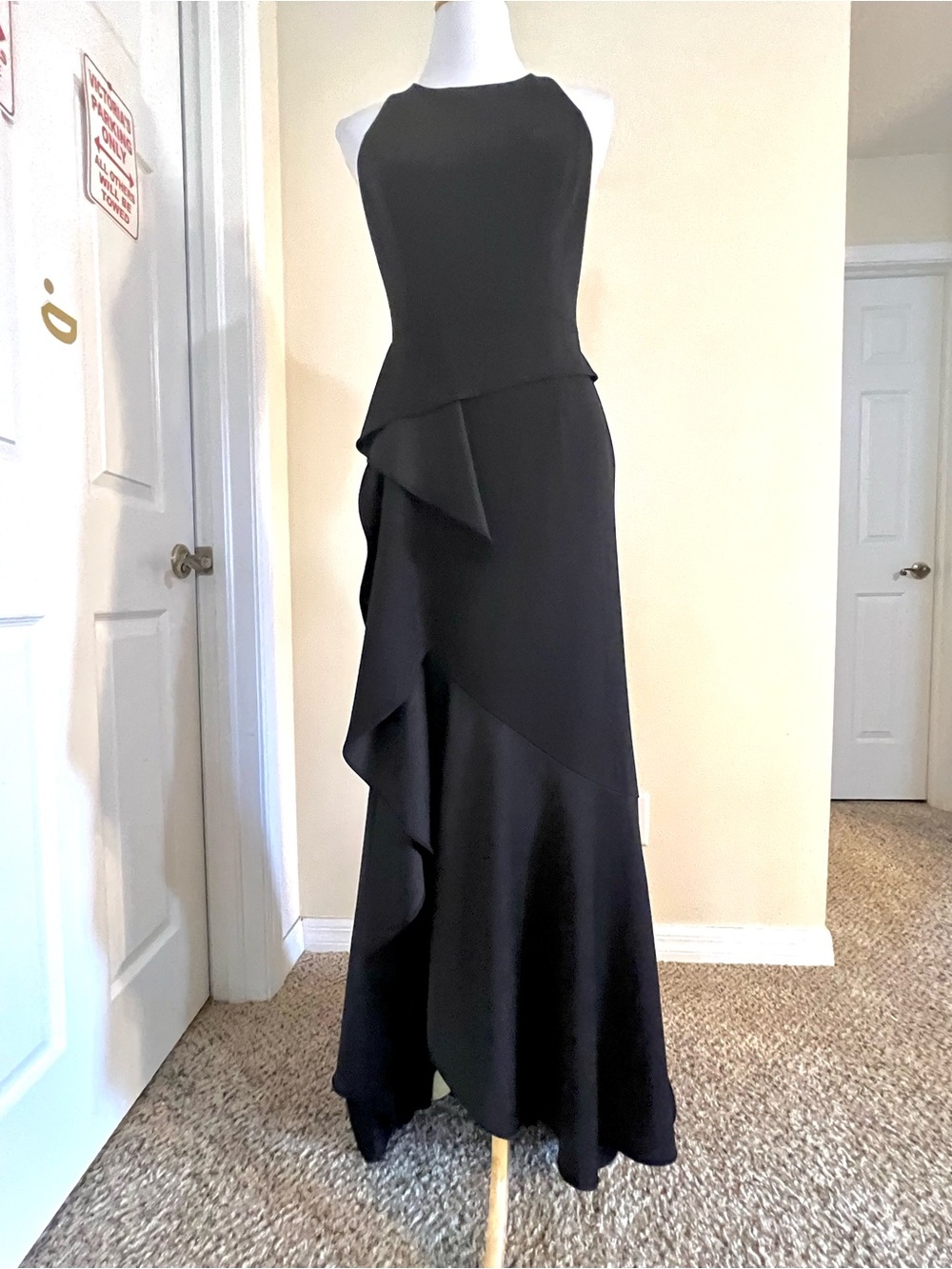 Adrianna Papell 8 Black Mermaid Gown Asymmetrical Ruffle Cascade Formal Evening - Picture 2 of 13